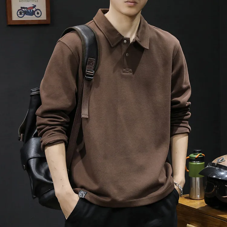 秋季新款重磅POLO衫长袖t恤男潮牌秋冬加绒宽松大码休闲打底上衣