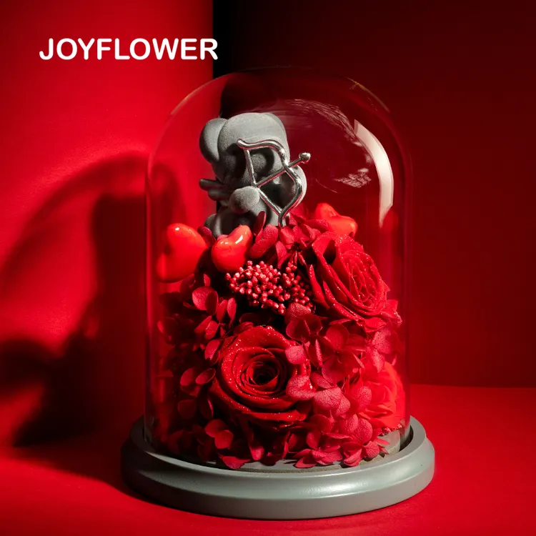 joyflower爱神丘比特玫瑰熊永生花情人节表白摆件生日礼物送女生