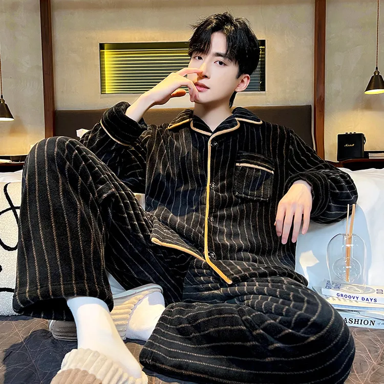 【气质竖条】珊瑚绒睡衣男加厚加绒秋冬季保暖男士法兰绒家居服套装