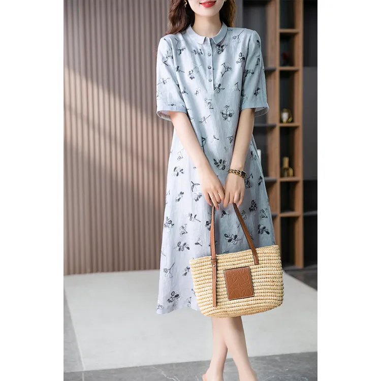 原形亚麻连衣裙女衬衫裙2025夏季韩版印花文艺气质中长款裙U89092