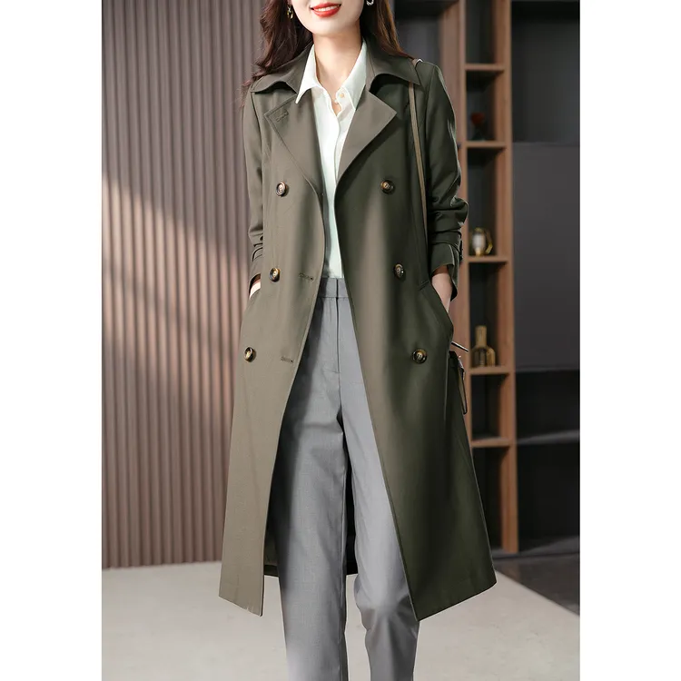 原形2025秋季长款气质风衣设计感西装领双排扣收腰大衣U87394