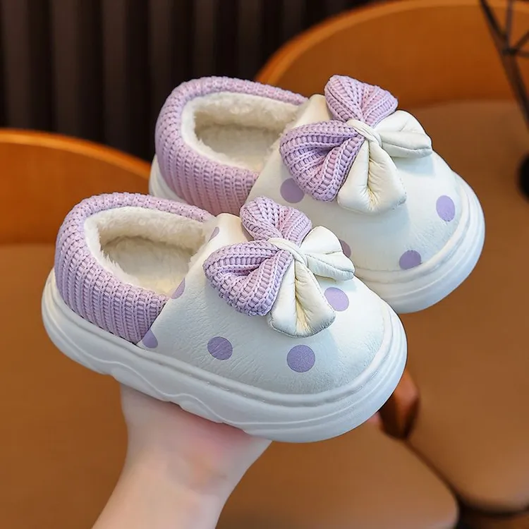 儿童棉鞋女童冬季包跟皮面防水公主时尚室内居家棉拖女孩保暖防滑