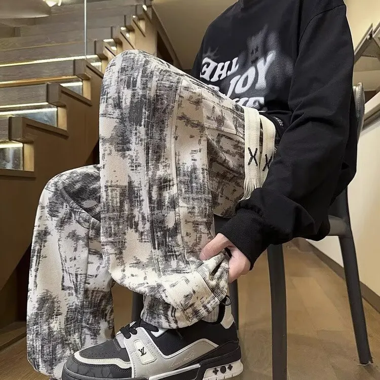 扎染灯芯绒直筒裤美式高街水墨画宽松潮牌重磅垂感休闲百搭长裤