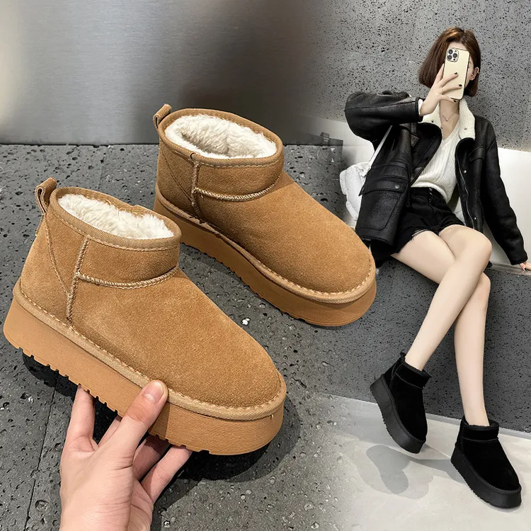 2024冬季新款休闲加绒雪地靴女增高厚底保暖短靴棉鞋