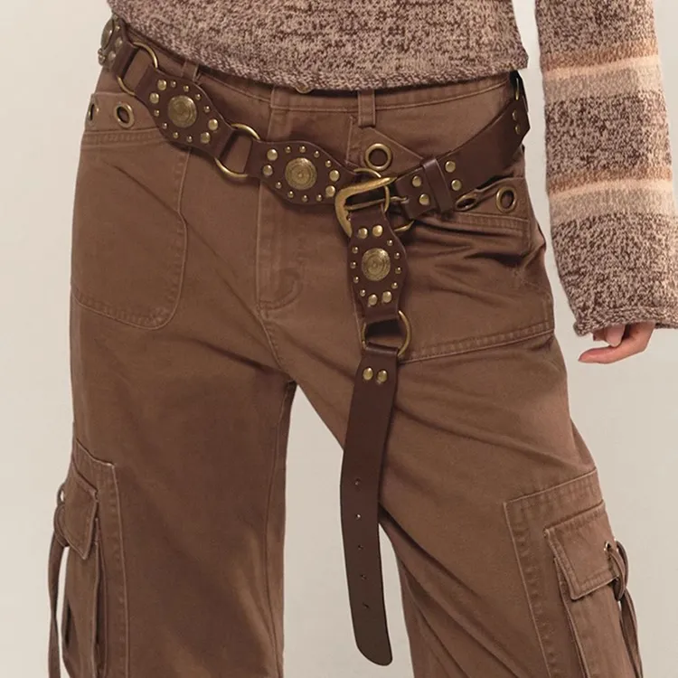 美式牛仔西部风情 复古vintage帅气特色环扣腰带ins金属扣皮带黑