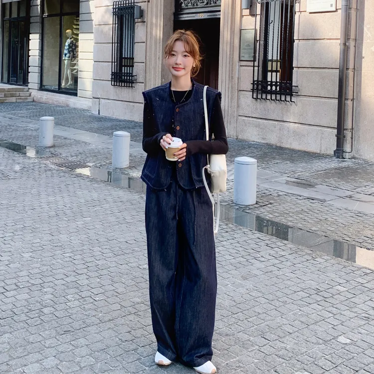 酷飒拽姐牛仔套装裤女2024早秋新款复古炸街韩系高级感马甲三件套