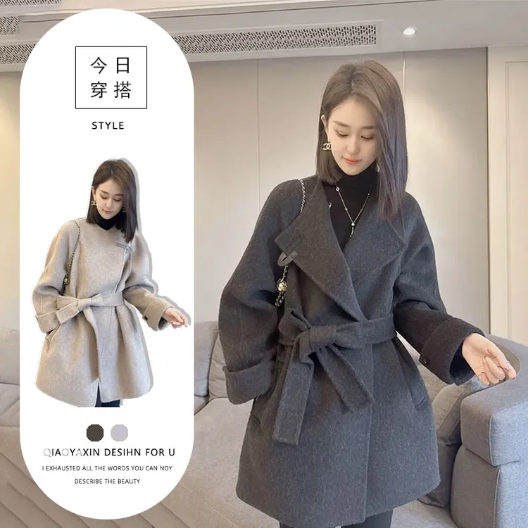 韩版洋气毛呢大衣中长款气质腰带外套女春秋2025新款时尚百搭上衣