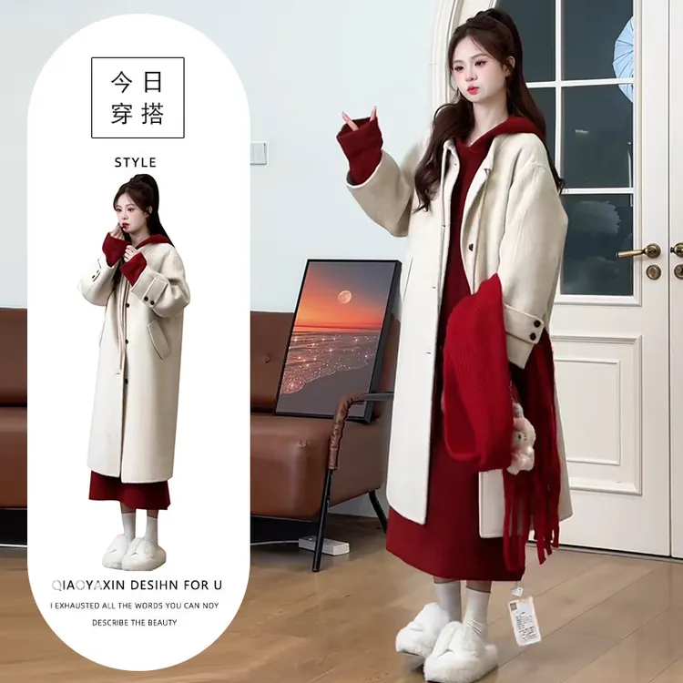 温柔风穿搭套装女设计感连帽中长款连衣裙时尚气质百搭大衣两件套