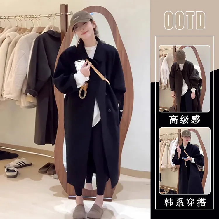 韩系通勤设计感翻领毛呢外套女2025春秋新款高级感宽松中长款大衣