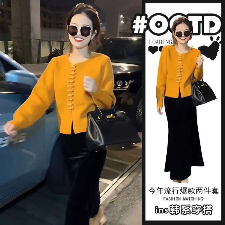 茶系穿搭一整套别致绝美设计感小众开衫毛衣外套显瘦半身裙两件套