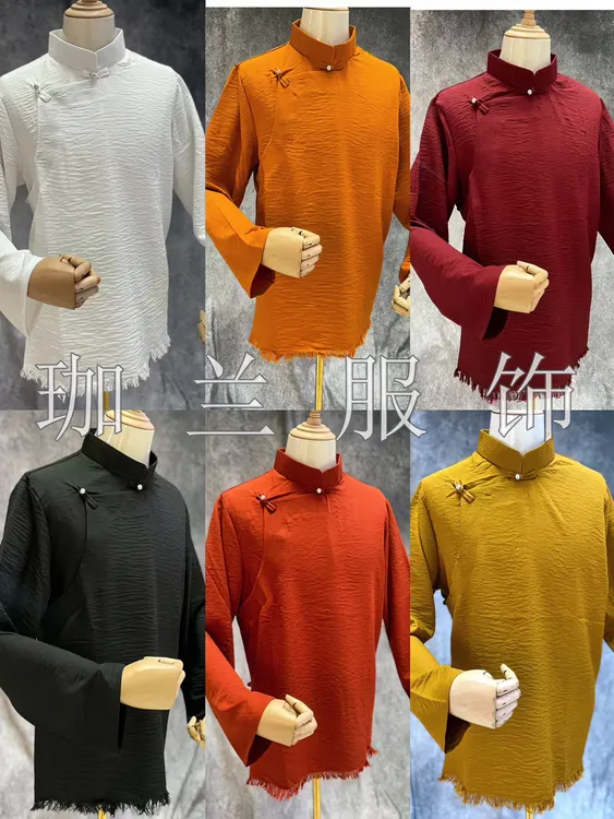 新品男藏式流苏底边衬衫民族上衣日常流行斜襟衬衣长袖新中式纯色