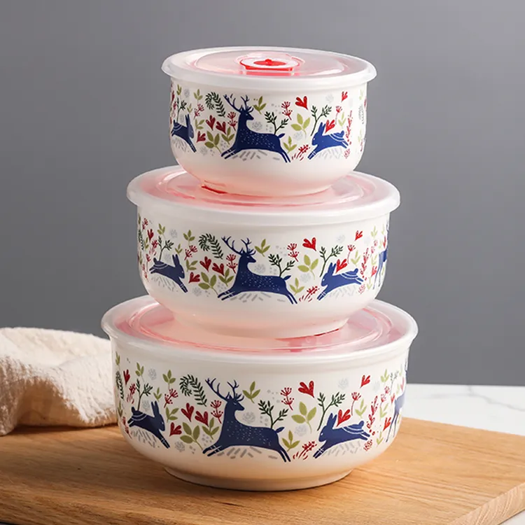 3件套微波炉加热专用碗陶瓷碗带盖上班族饭盒便当碗保鲜盒大号