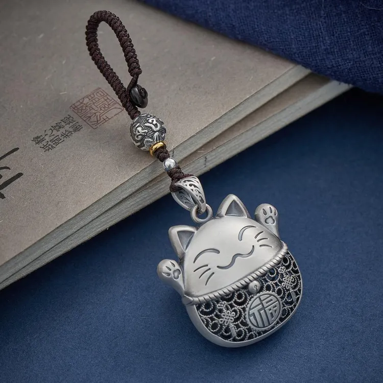 足银银制品 招财猫足银高档钥匙扣车载后视镜时尚挂饰车钥匙挂件