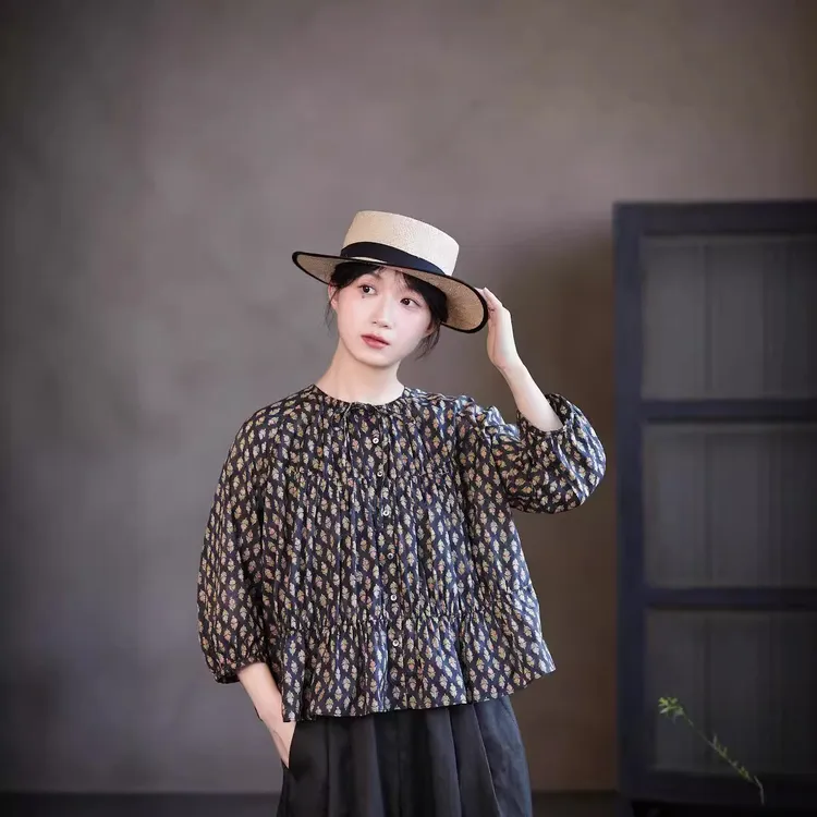 秋季新品文艺复古原创休闲哑黑向日葵碎花显瘦柔美复古宽松小衬衫