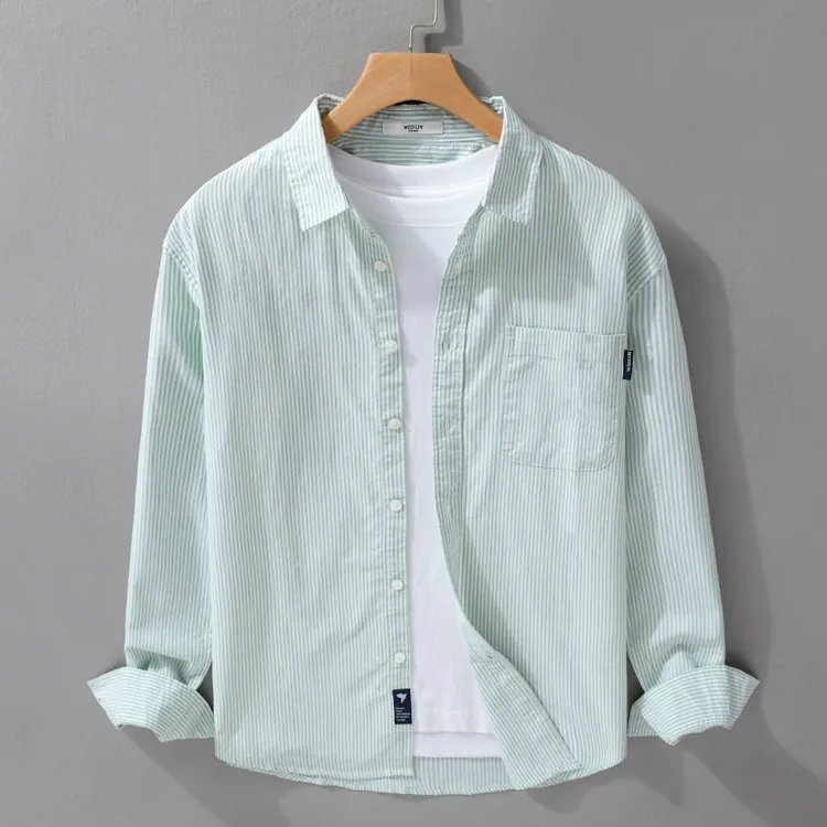 秋季条纹长袖衬衫男士宽松纯棉商务休闲百搭衬衣男潮流文艺薄款潮