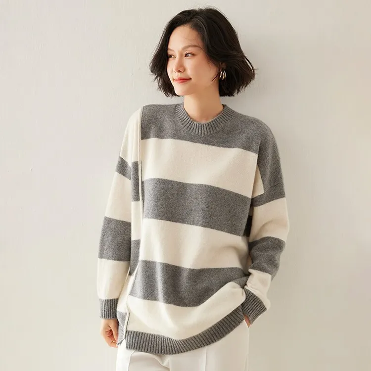 大码条纹撞色毛衣女秋冬上新款韩版宽松慵懒风套头打底羊绒衫上衣