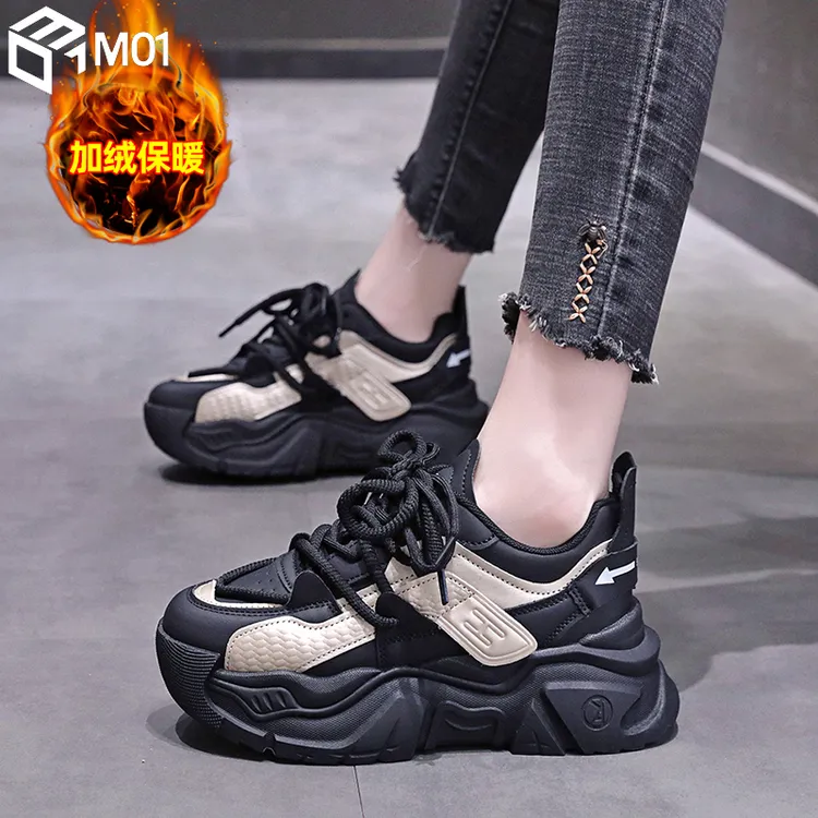 M01加绒老爹鞋女款2025新款春秋黑色鞋子女鞋厚底百搭二棉运动鞋