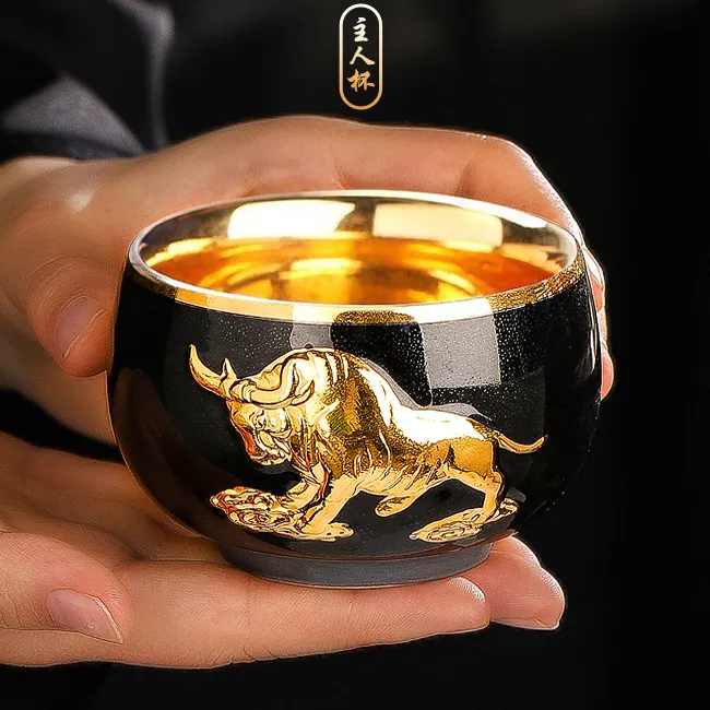 鎏金主人杯金牛盏牛气冲天盏建盏高档牛转乾坤茶杯大号个人单杯