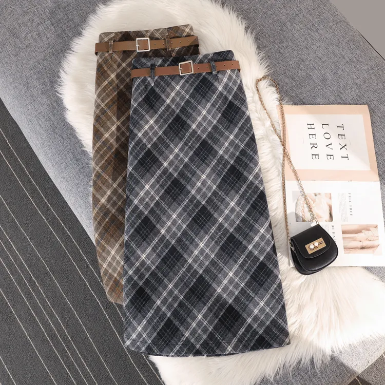 【现货+运费险】百搭格子半身裙女2025秋冬高腰显瘦毛呢长裙子