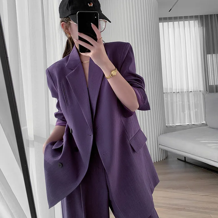 西装外套女2025秋季新款宽松显瘦时尚职业阔腿裤紫色薄款西服小众