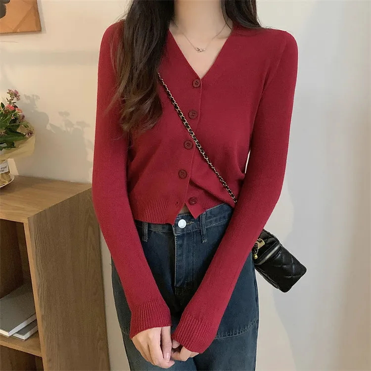 气质V领开衫针织衫女秋冬内搭修身打底毛衣薄款显瘦短款长袖上衣