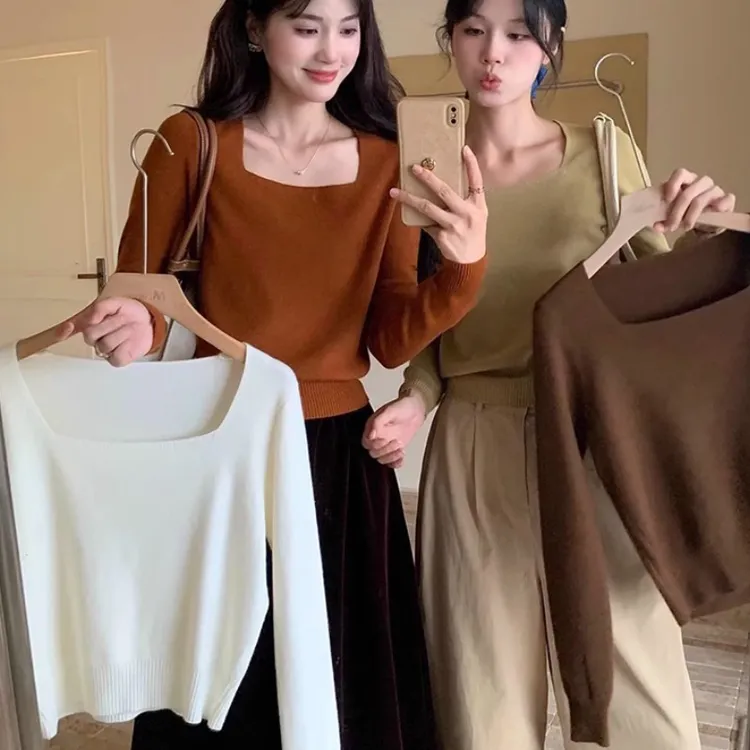 复古方领长袖针织上衣女打底衫2025早秋新款休闲修身短款套头毛衣