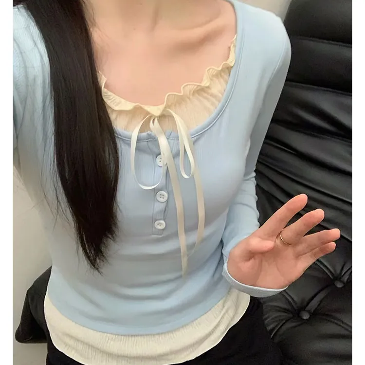 baby蓝甜美配套假两件上衣花边系带长袖T恤女韩女内搭网红打底衫