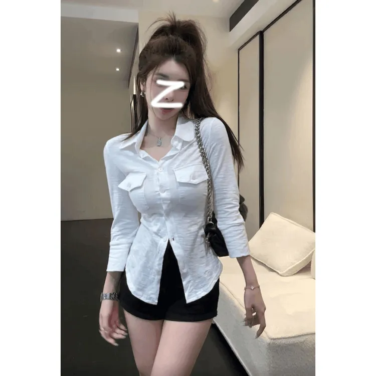 【玫瑰的故事2】短款复古白色中袖衬衫黑色新款夏季显瘦收腰上衣女