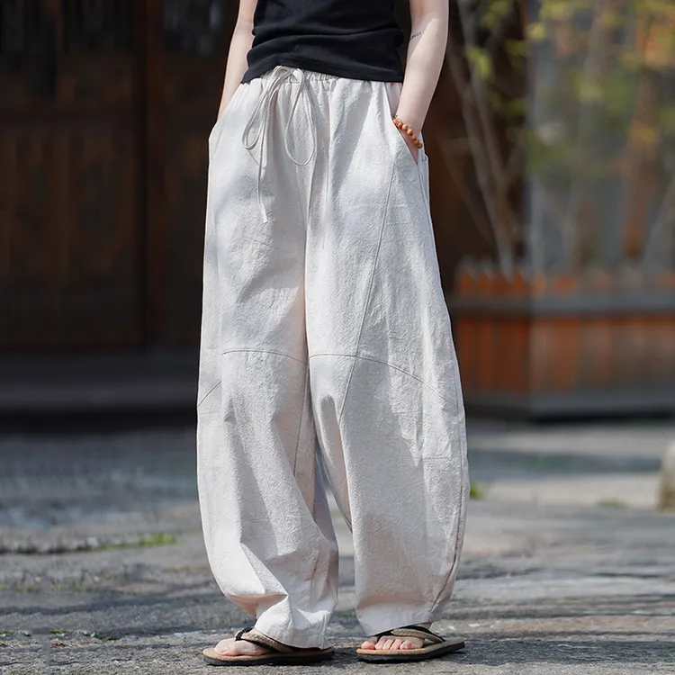 复古文艺风 亚麻裤男宽松哈伦裤 薄款 棉麻休闲裤 夏季 阔腿长裤
