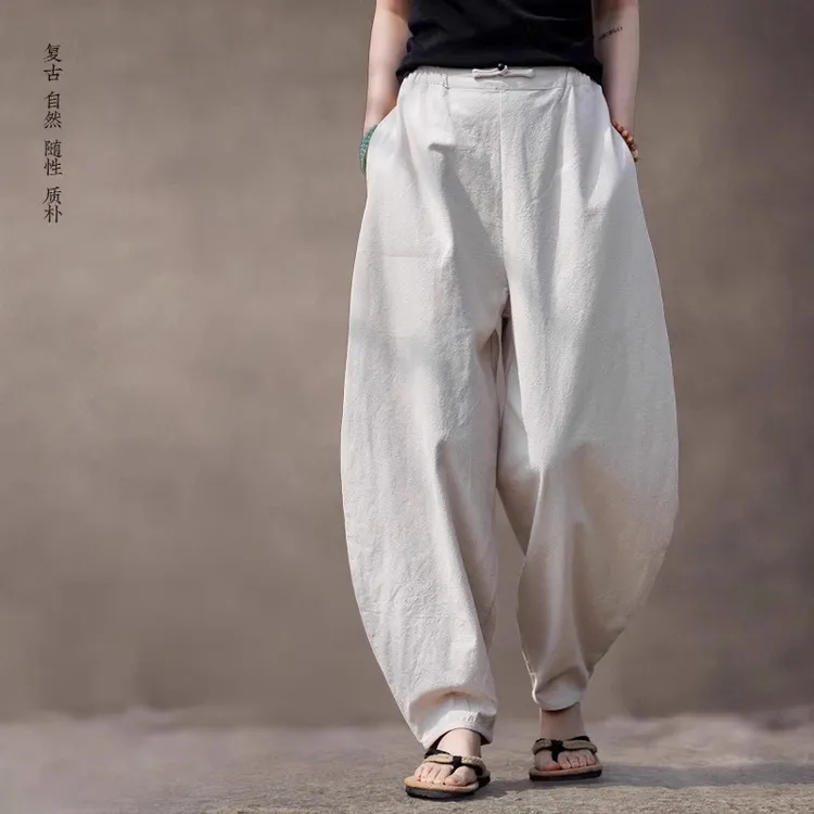 复古文艺风 亚麻裤男宽松哈伦裤 棉麻休闲裤 夏季 阔腿灯笼长裤子