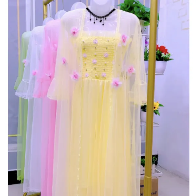 女士夏季时尚仙气长款吊带连衣裙加披肩立体花朵装饰气质仙女裙子