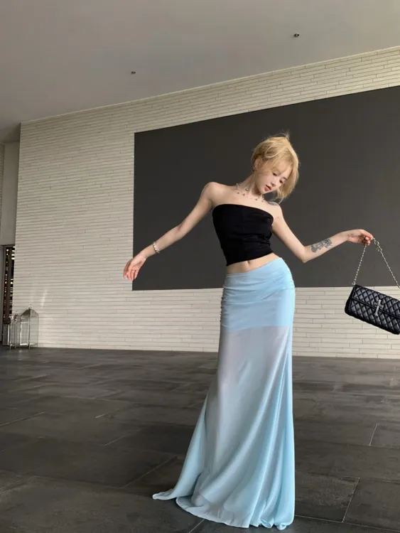 韩系辣妹纯欲风短款抹胸一字肩上衣女高腰网纱半身裙鱼尾长裙子潮