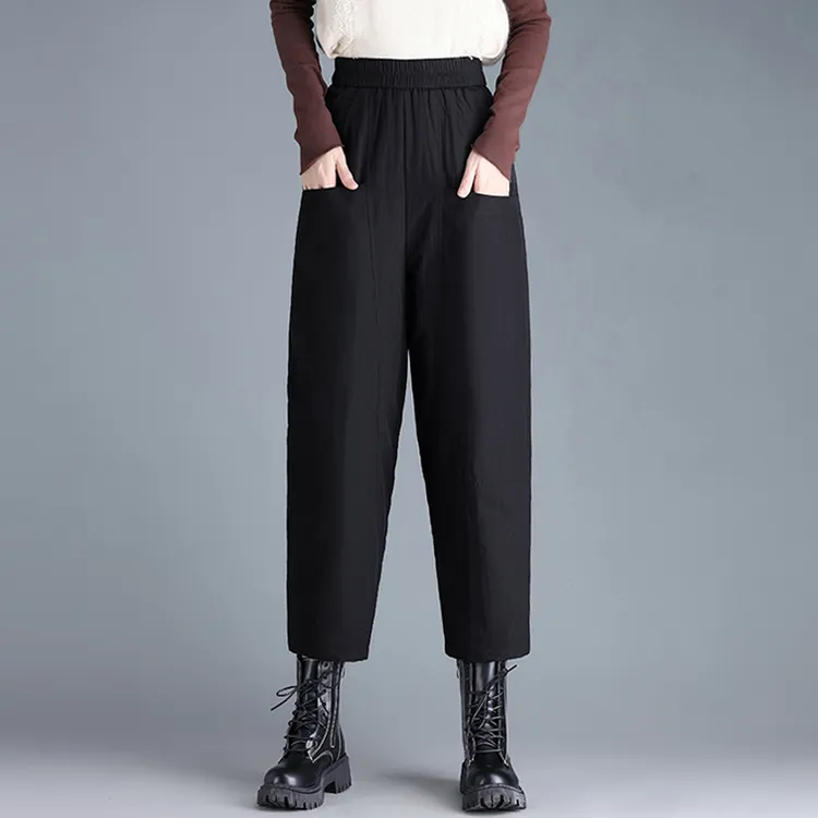 小个子加厚加绒哈伦裤女冬季显瘦羽绒裤宽松高腰松紧腰保暖九分裤