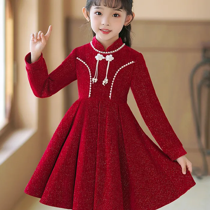 女童旗袍连衣裙秋冬新款小女孩公主裙加绒加厚小众儿童长袖红裙子