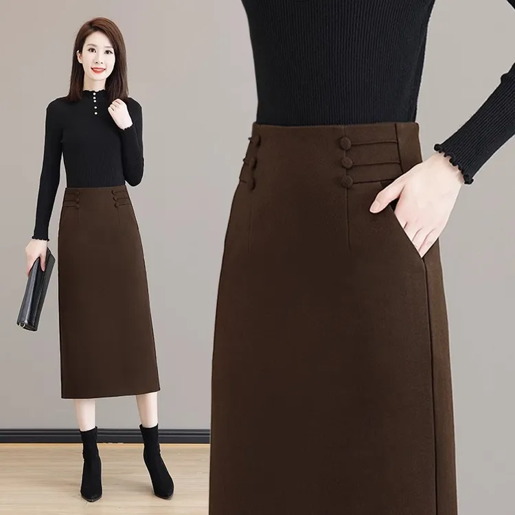 毛呢半身裙女春秋冬2025新款高腰a字裙一步开叉包臀裙气质长裙子