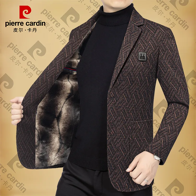 皮尔卡丹男士新款高档商务休闲加绒加厚西服男装外套保暖潮流西装