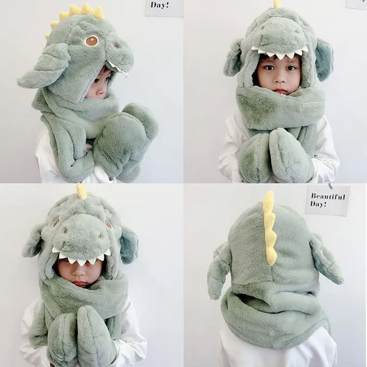 冬季儿童帽子围巾一体男女童加绒保暖防风三件套恐龙耳朵会动帽子