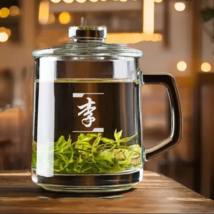 定制百家姓玻璃水杯带盖高硼硅泡茶杯带手柄家用玻璃杯花茶杯