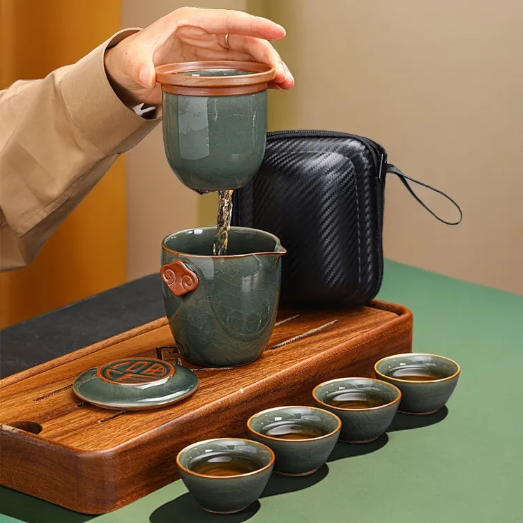 新款哥窑旅行泡茶便携式茶具高端快客杯茶杯一壶四杯喝茶户外露营