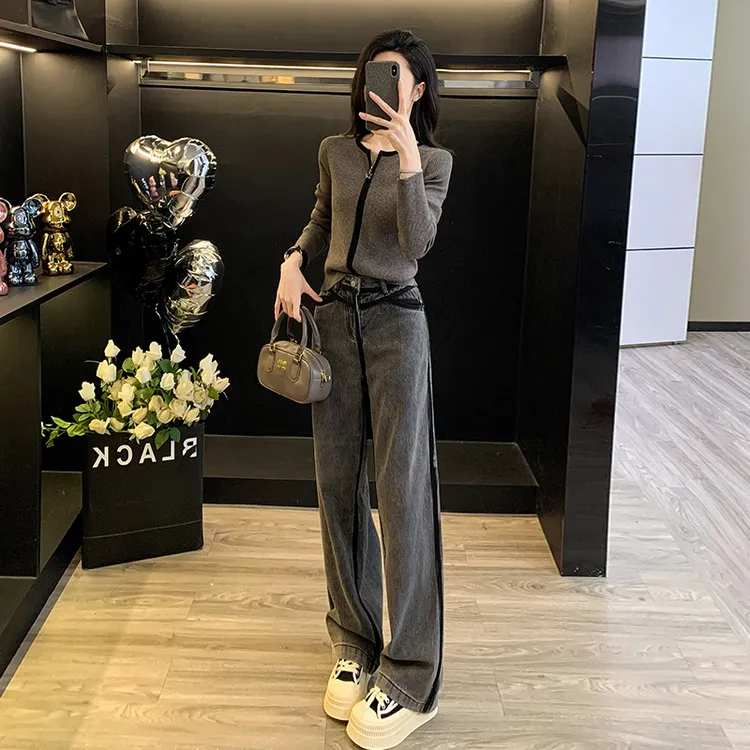 春季新款灰色时尚休闲减龄女长袖针织衫高腰牛仔长裤打底两件套