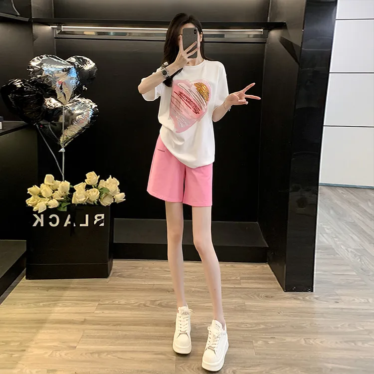 2024夏季新款宽松T恤女短袖时尚外穿短裤休闲运动套装减龄两件套