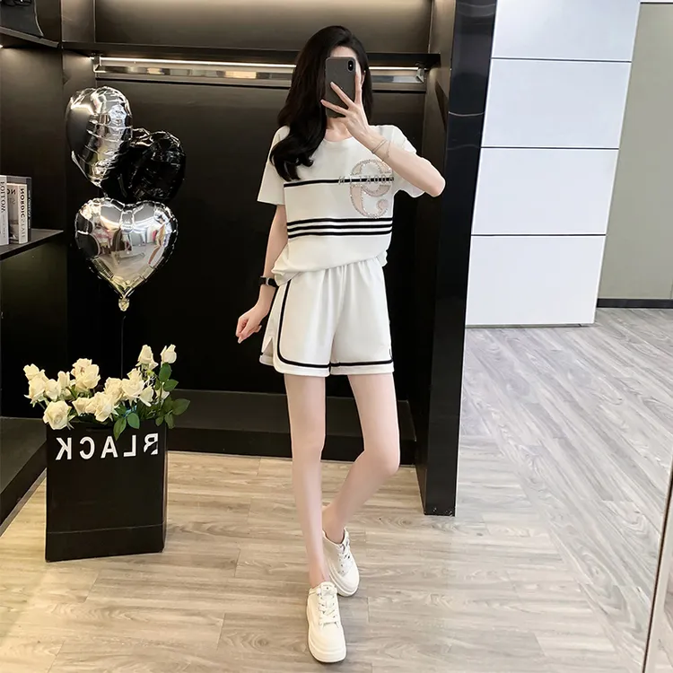 夏季新款时尚设计感重工烫钻高品质休闲运动套装白色宽松气质显瘦