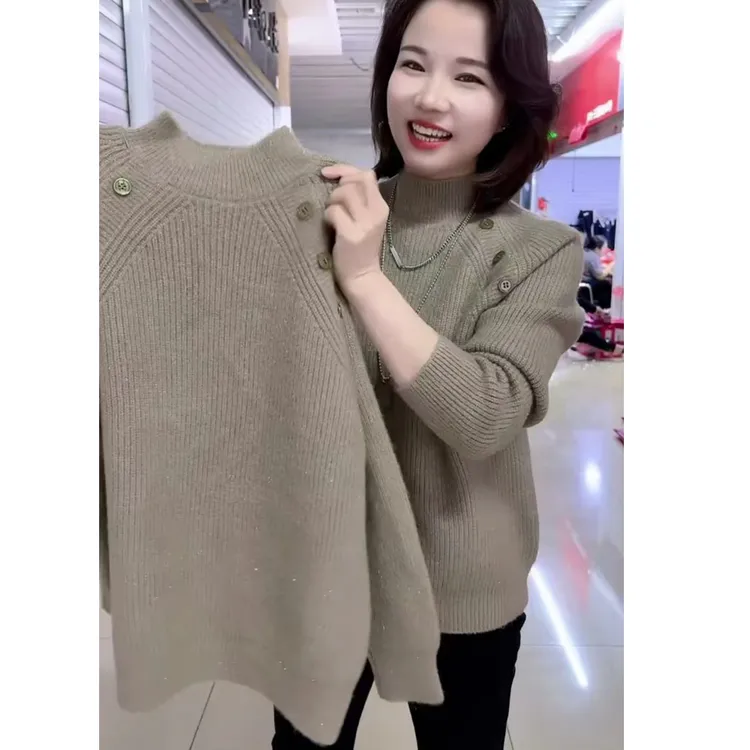 秋冬加厚款半高圆领针织毛衣套头洋气宽松针织衫时尚百搭宽松保暖