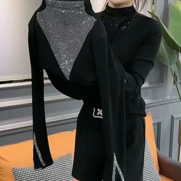 新款螺纹棉打底衫烫钻显瘦遮肉百搭半高领t恤气质修身上衣女