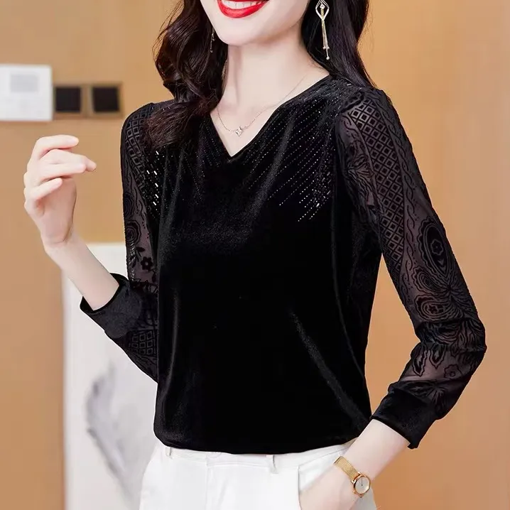 2025秋季新款打底衫烫钻显瘦百搭洋气t恤气质上衣黑色长袖女