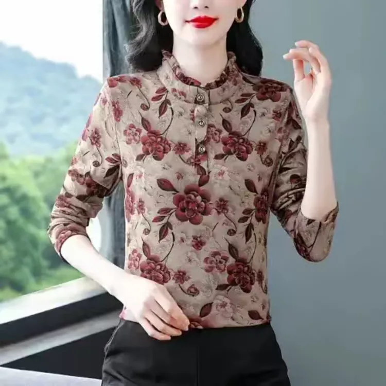 加绒花边领打底衫冬季新款妈妈装加绒加厚保暖上衣T恤小衫宽松版