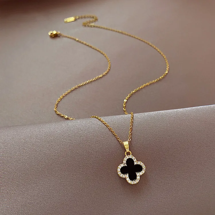 钛钢项链 钛钢项链 四叶花双面气质高级优雅高级锁骨项链锁骨链