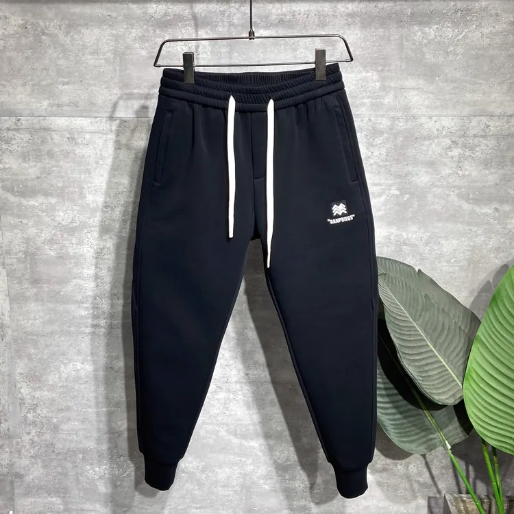 秋冬潮流刺绣百搭厚料休闲裤男士潮牌黑色运动束脚卫裤弹力运动裤
