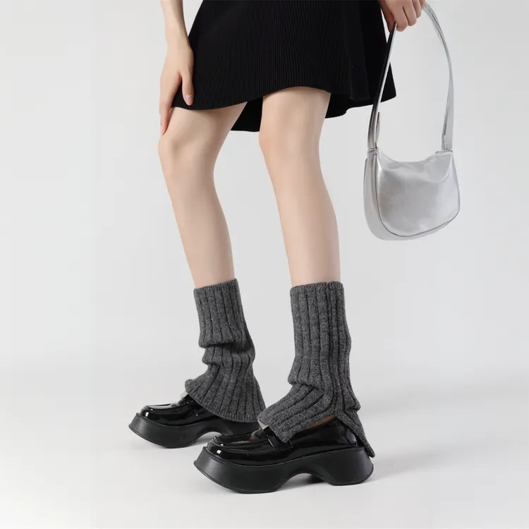 深灰色粗条纹侧开叉不规则袜套辣妹针织款保暖小腿堆堆腿套y2k