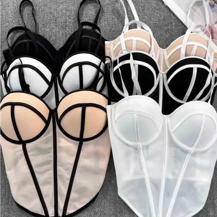 【定制曲线】抹胸低胸束腰收腰拼色显身材背心女装辣妹新款韩版上衣